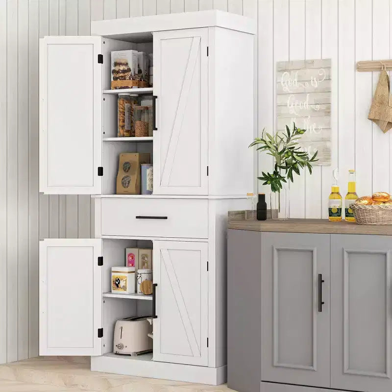 72" Tall Kitchen Pantry Storage Cabinet with Barn Doors, Drawer and Adjustable Shelves, White