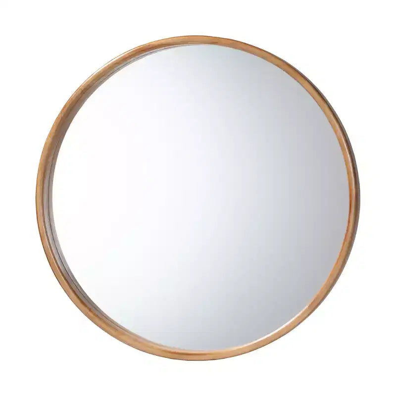Round Japandi Accent Wall Mirror with Rubberwood Frame