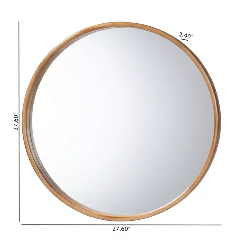 Round Japandi Accent Wall Mirror with Rubberwood Frame