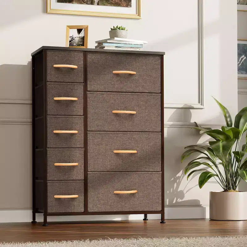 Crestlive Products 9 Drawers Dresser for Bedroom Vertical Dresser Storage Tower with Sturdy Steel Frame Wood Top Easy Pull Fabric Bins Wood Handles