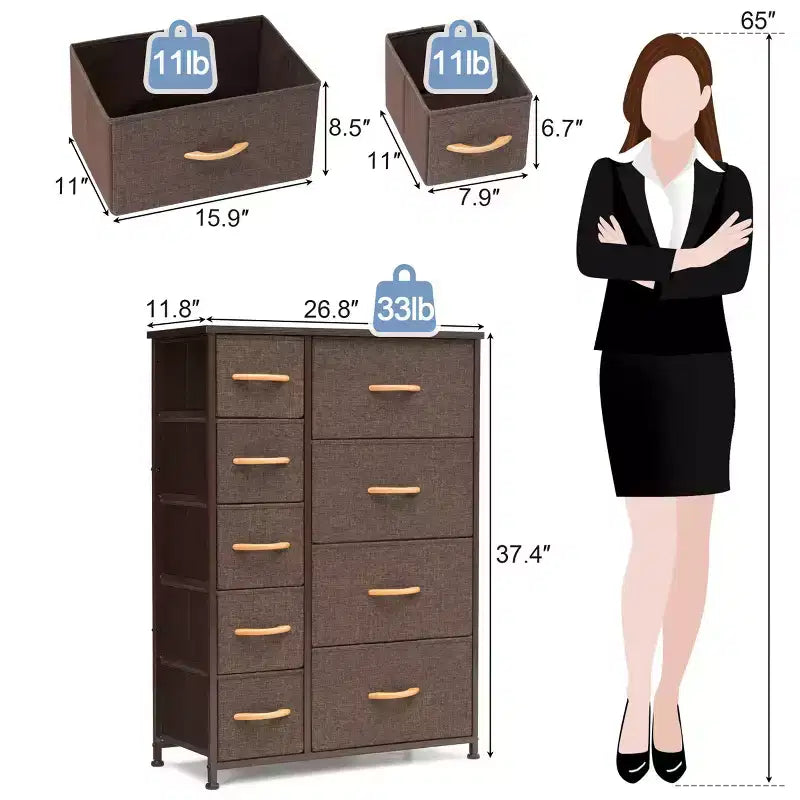 9-Drawer Vertical Dresser Storage Tower with Steel Frame and Wood Top