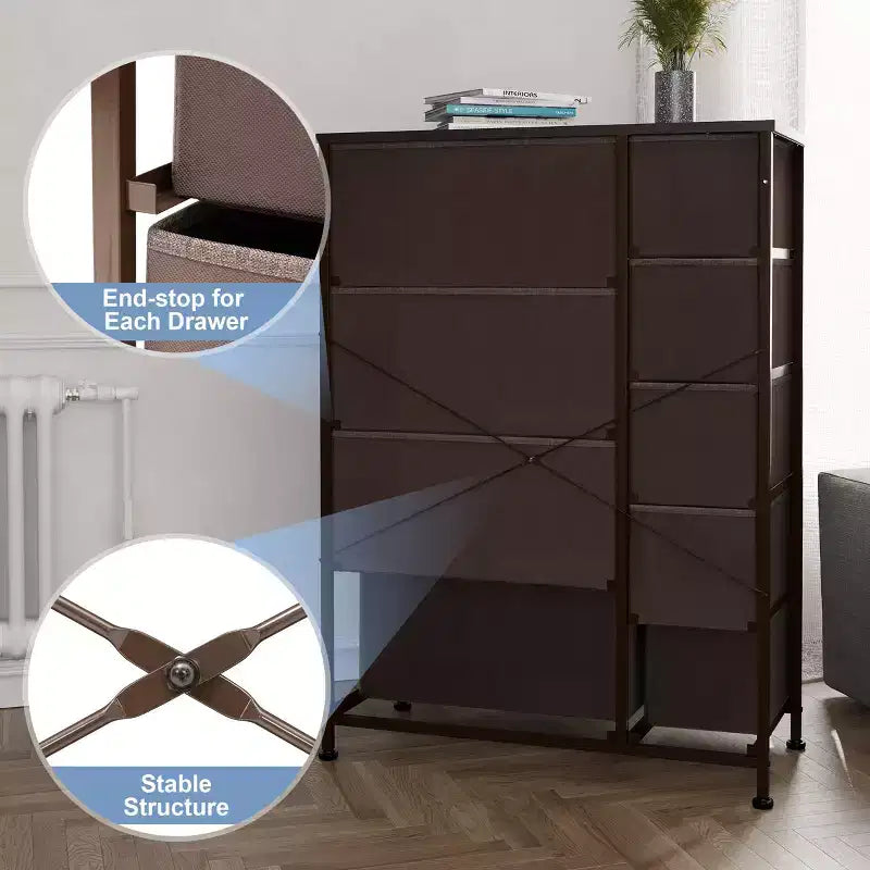 9-Drawer Vertical Dresser Storage Tower with Steel Frame and Wood Top
