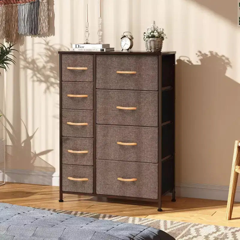 9-Drawer Vertical Dresser Storage Tower with Steel Frame and Wood Top