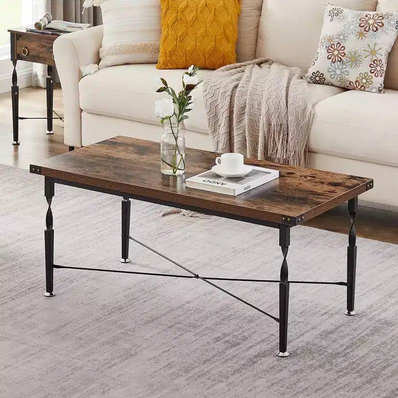 Rectangle Coffee Table with X-Shaped Metal Frame, Rustic Brown