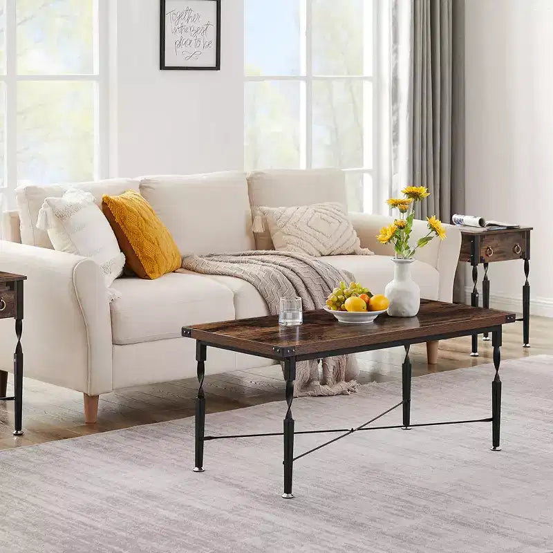 Rectangle Coffee Table with X-Shaped Metal Frame, Rustic Brown
