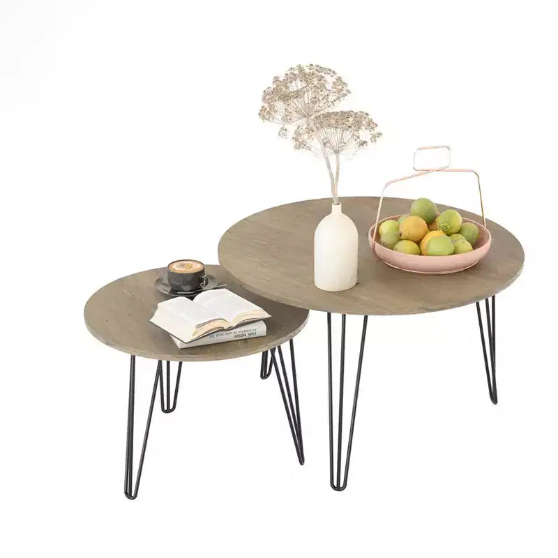 Round Nesting Coffee Table Set of 2 with Metal Base