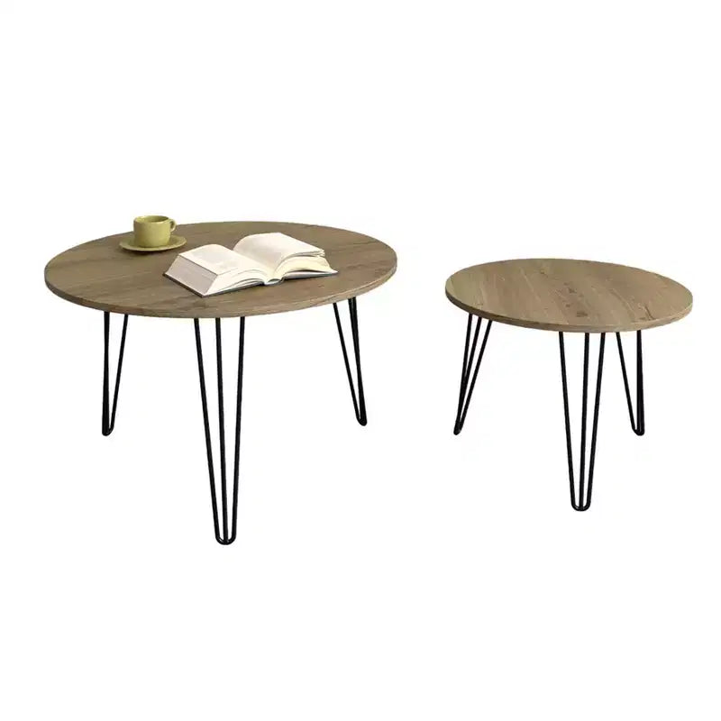 Round Nesting Coffee Table Set of 2 with Metal Base