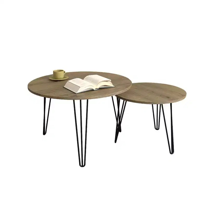 Round Nesting Coffee Table Set of 2 with Metal Base
