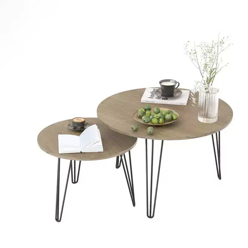 Round Nesting Coffee Table Set of 2 with Metal Base