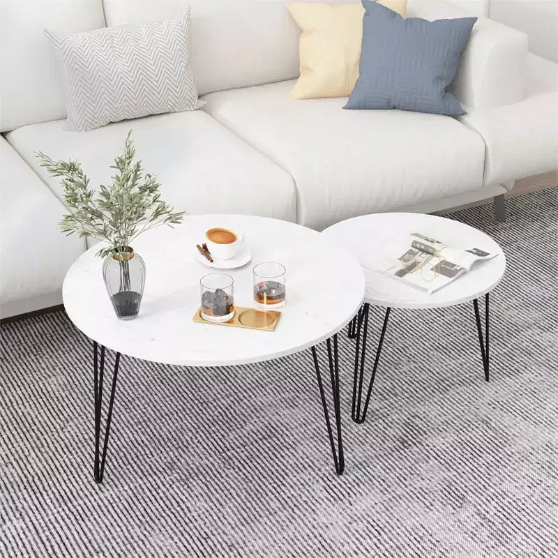 Round Nesting Coffee Table Set of 2 with Metal Base