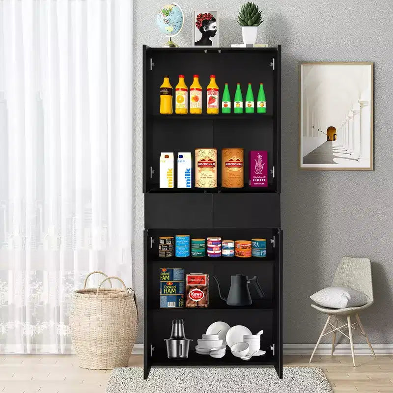66" Kitchen Pantry Cabinet with 4 Doors, 3 Adjustable Shelves, and 1 Drawer – Freestanding Storage
