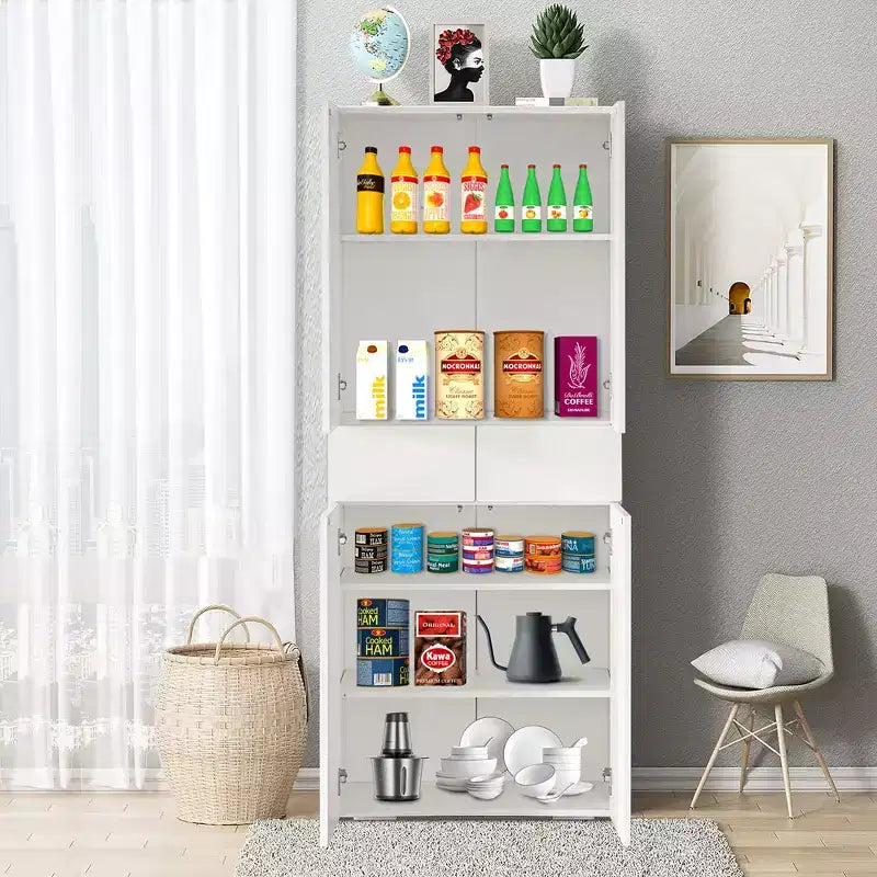 66" Kitchen Pantry Cabinet with 4 Doors, 3 Adjustable Shelves, and 1 Drawer – Freestanding Storage