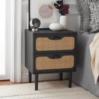 Comodino a 2 cassetti con rete in rattan