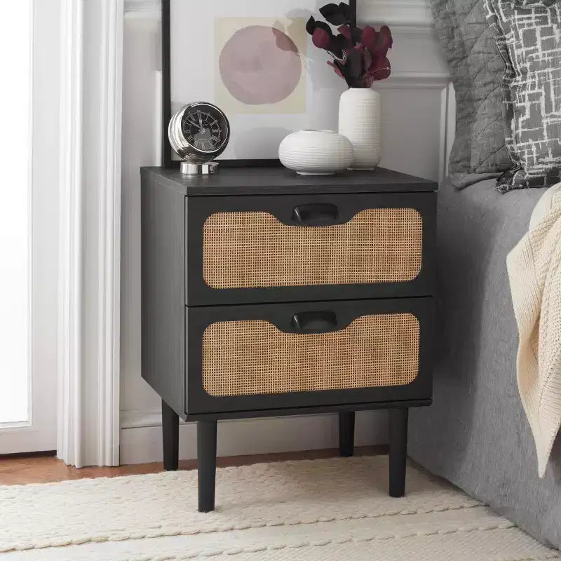 2-Drawer Nightstand with Rattan Mesh