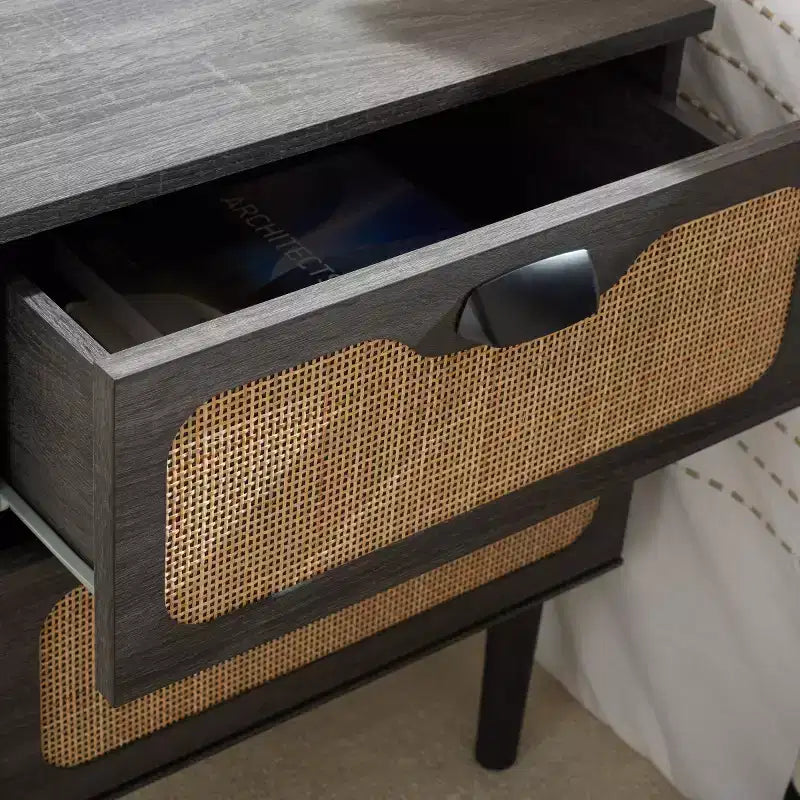 2-Drawer Nightstand with Rattan Mesh