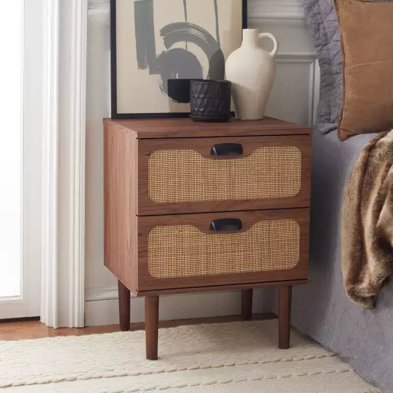 2-Drawer Nightstand with Rattan Mesh