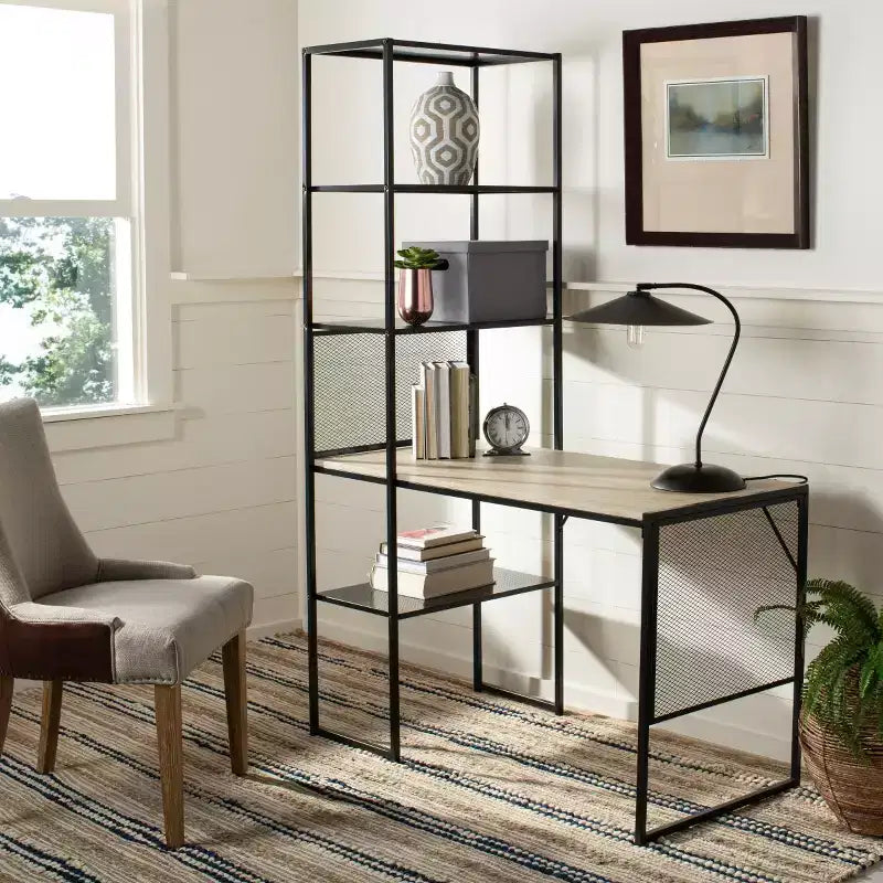 Black Industrial Writing Desk with Open Shelves