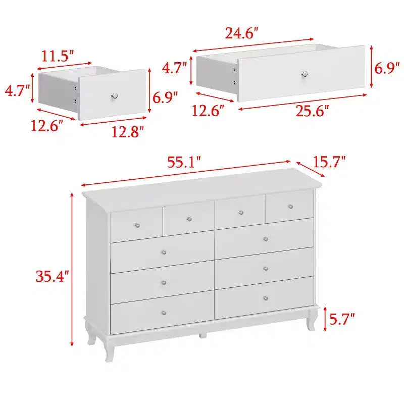 10-Drawer Cabinet Dresser Chest with Metal Handles