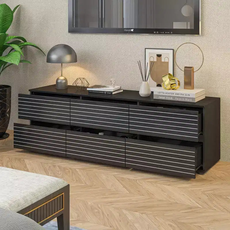 Black Striped 6-Drawer Cabinet / Dresser / TV Stand