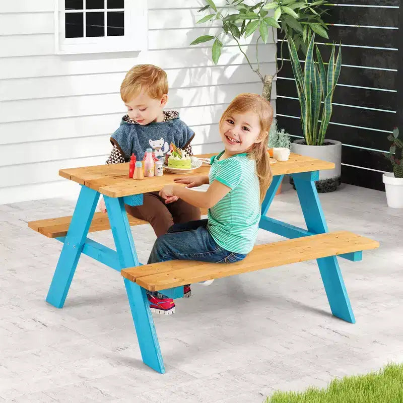 Kids Picnic Table Set with Bench Seats, Outdoor Wooden Table for Children