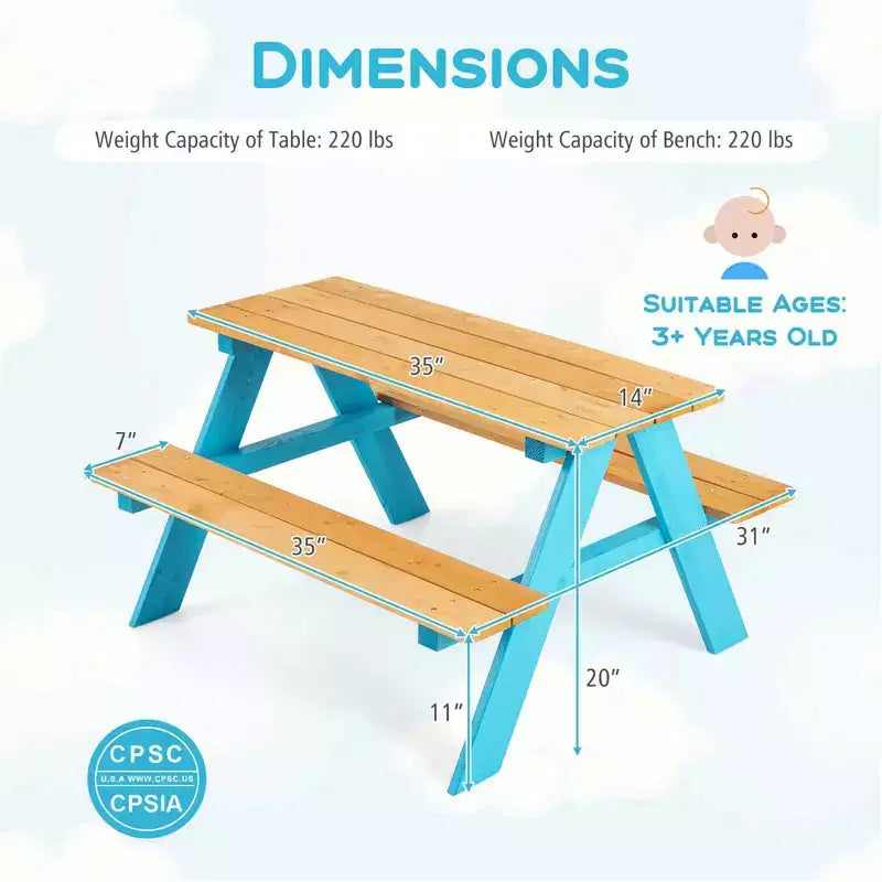 Kids Picnic Table Set with Bench Seats, Outdoor Wooden Table for Children