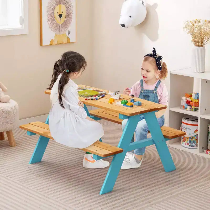 Kids Picnic Table Set with Bench Seats, Outdoor Wooden Table for Children