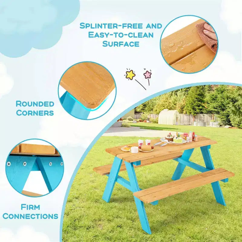 Kids Picnic Table Set with Bench Seats, Outdoor Wooden Table for Children