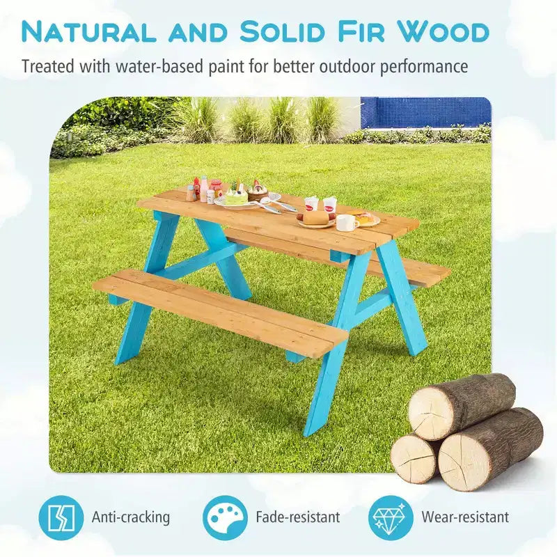 Kids Picnic Table Set with Bench Seats, Outdoor Wooden Table for Children