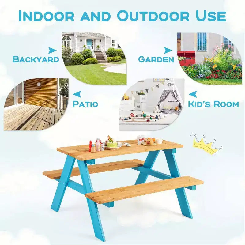 Kids Picnic Table Set with Bench Seats, Outdoor Wooden Table for Children