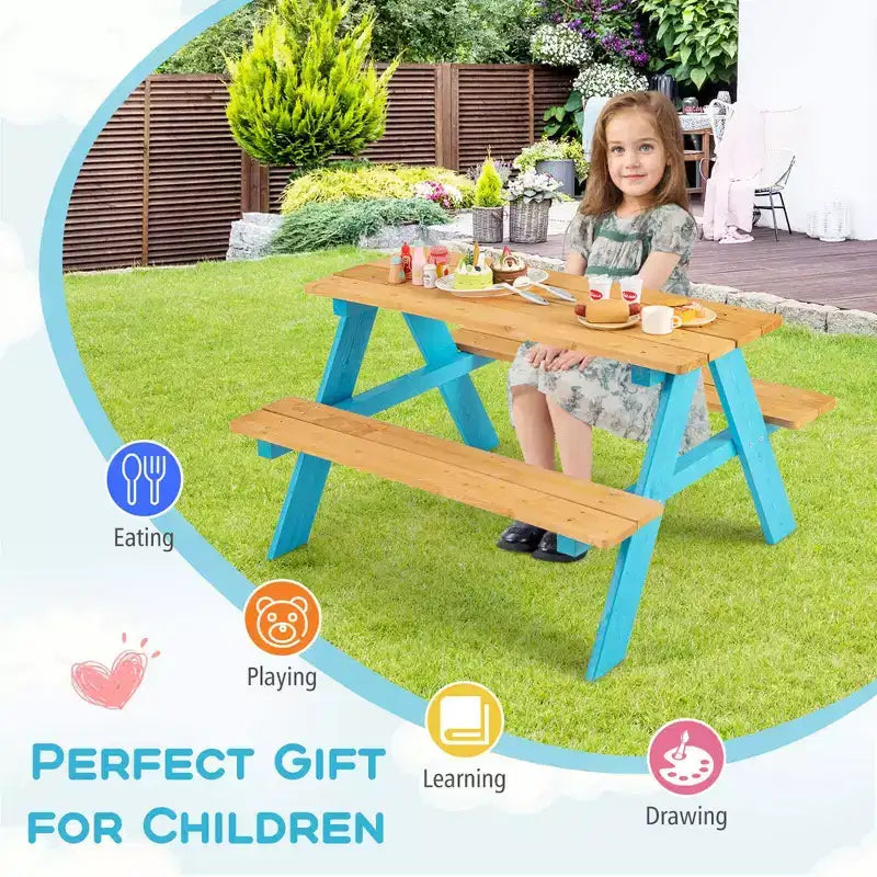 Kids Picnic Table Set with Bench Seats, Outdoor Wooden Table for Children