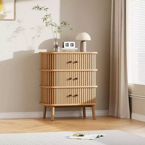 3-Drawer Dresser with Sliding Door Storage, Natural Bamboo-Style Finish