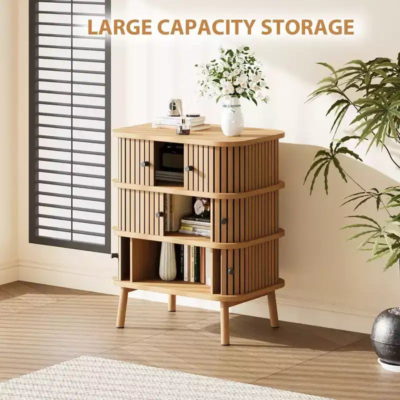 3-Drawer Dresser with Sliding Door Storage, Natural Bamboo-Style Finish
