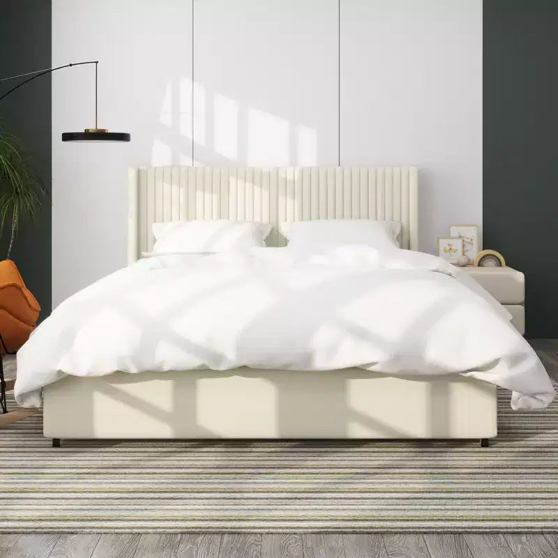 Queen Size Platform Bed with Wingback Headboard and Storage Drawers, Ivory