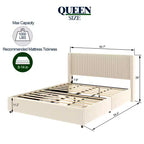 Letto a piattaforma Queen Size con testiera a "wingback" e cassetti contenitore, avorio