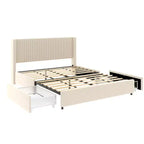 Letto a piattaforma Queen Size con testiera a "wingback" e cassetti contenitore, avorio