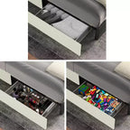 Letto a piattaforma Queen Size con testiera a "wingback" e cassetti contenitore, avorio