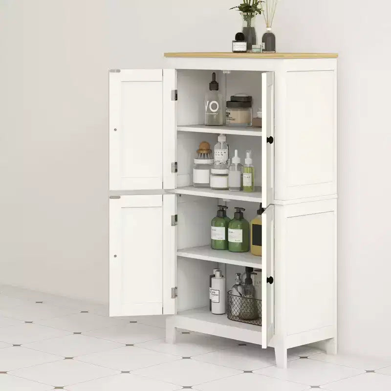 Bathroom Floor Cabinet with Adjustable Shelves, Freestanding Storage Cabinet with Doors, White