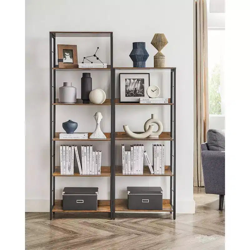 6-Tier Bookshelf with Back Panels, 11.8 x 23.6 x 70.1 Inches, Industrial Style, Rustic Brown and Black