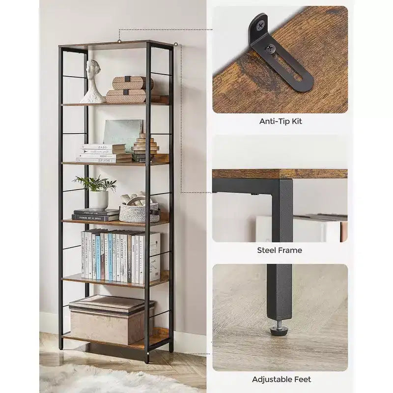 6-Tier Bookshelf with Back Panels, 11.8 x 23.6 x 70.1 Inches, Industrial Style, Rustic Brown and Black