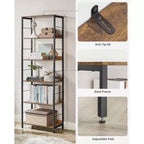 Scaffale a 6 livelli con pannelli posteriori, 30 x 60 x 178 cm, stile industriale, marrone rustico e nero